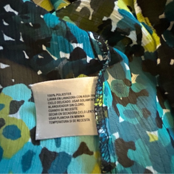 Worthington teal green blue yellow black sheer ruffled button down blouse Size M - Picture 5 of 8